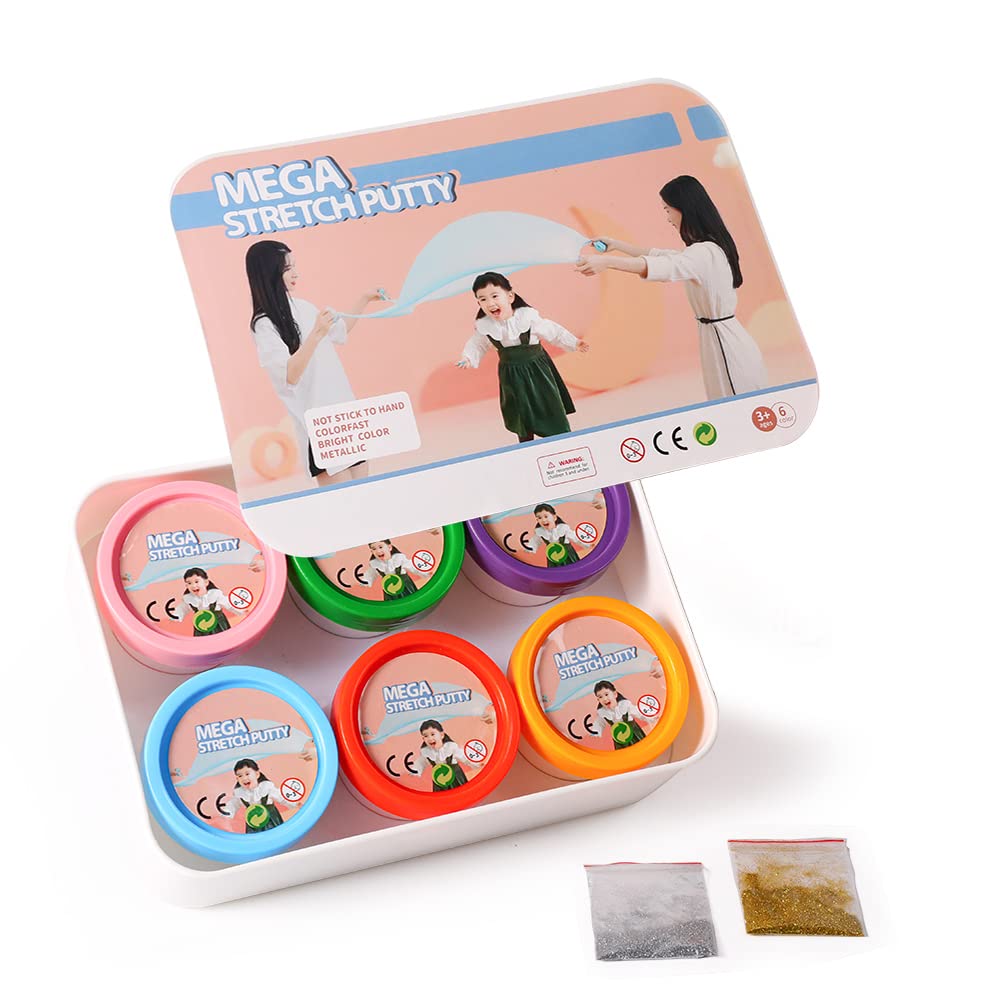 Mega Stretchy Slime - Non Stick Crystal Putty, Non-Toxic Slime Toys Multipack of 6 for Kids 3 Years and Up, Assorted Colors (Mega Stretchy Slime)