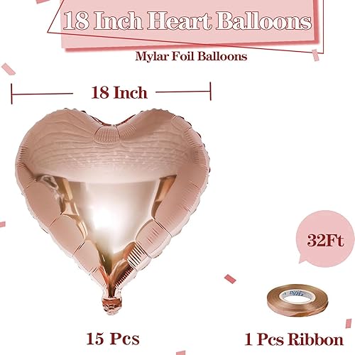 Miniatura 2 de Globos de corazón de aluminio de oro rosa, 15 globos en forma de corazón de oro rosa de 18 pulgadas, globos de aluminio de San Valentín con 1 cinta