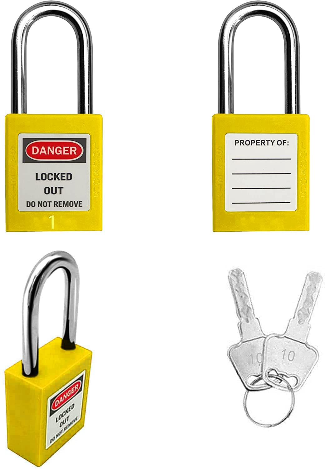 SAFBY 50 cerraduras de bloqueo diferentes con llave con 50 etiquetas de bloqueo – Candados Loto Safe para bloquear estaciones y dispositivos (1-50 amarillo)