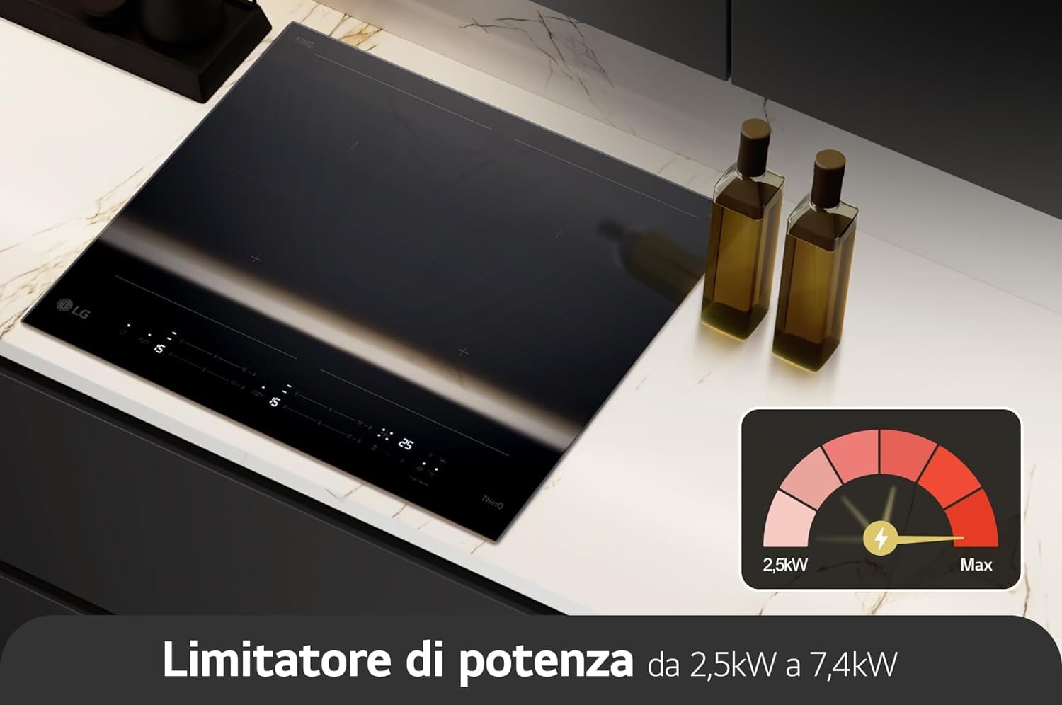 LG CBIZ2437B Piano Cottura Induzione 60cm, Potenza da 2,5 a 7,4kW, 4 Zone Totali, 2 Zone Flex, 15 Livelli di Potenza + Boost, Controlli Touch Slide Indipendenti, Wi-Fi, Vetro Ceramico SCHOTT, Nero
