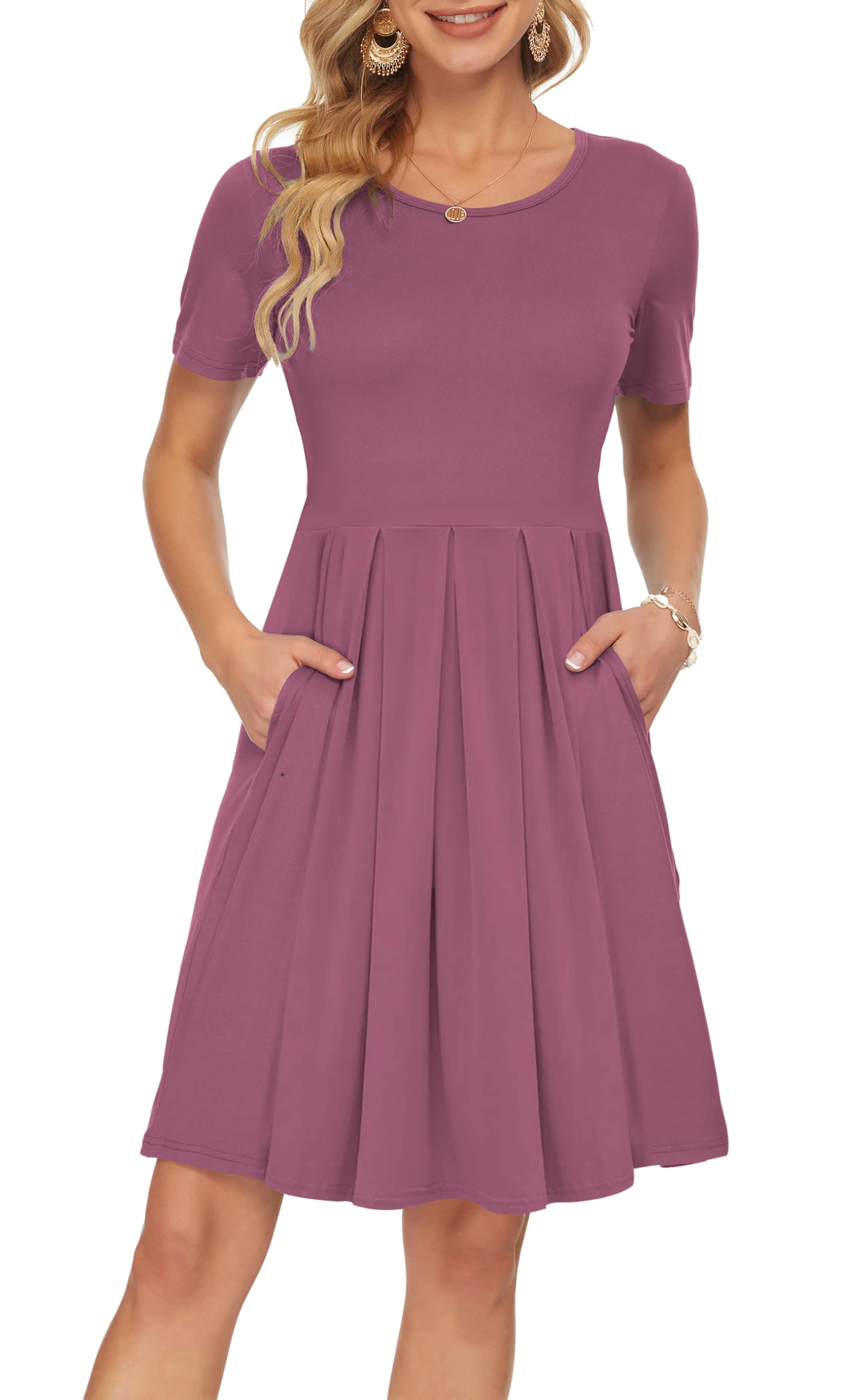 AUSELILY Women's Short Sleeve Pleated Swing Summer Dress with Pockets