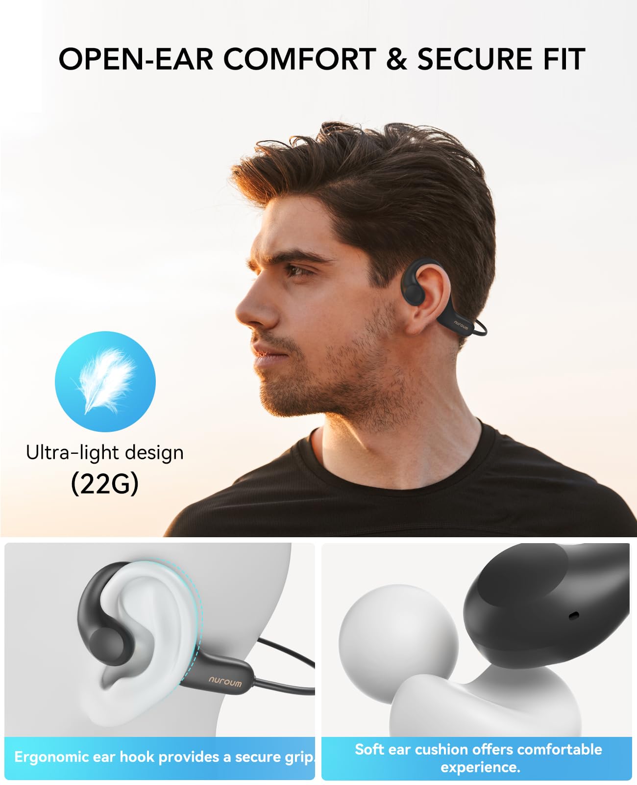 Nuroum Casque sans Fil à Oreilles Libres Bluetooth 5.3 avec Deux Microphone, Open-Ear Écouteur Léger Sport à 17 * 12mm Pilote, 10h D'Autonomie, Étanchéité IPX6, Confort Conçu pour Le Sport/VTT