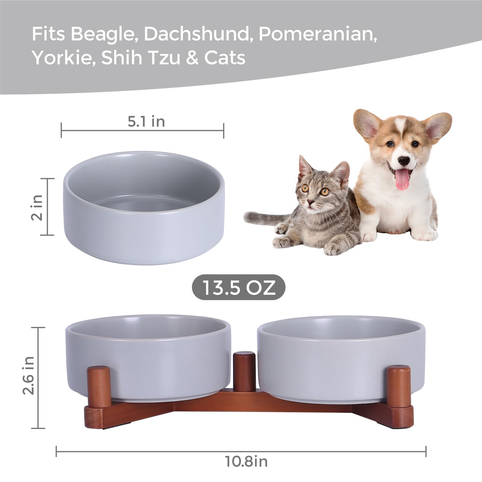 Lot de 2 gamelles en céramique pour chien et chat avec support en bois, bols lestés antidérapants pour nourriture et eau, double mangeoire surélevée pour petits chiens et chats, gamelles en vernis mat
