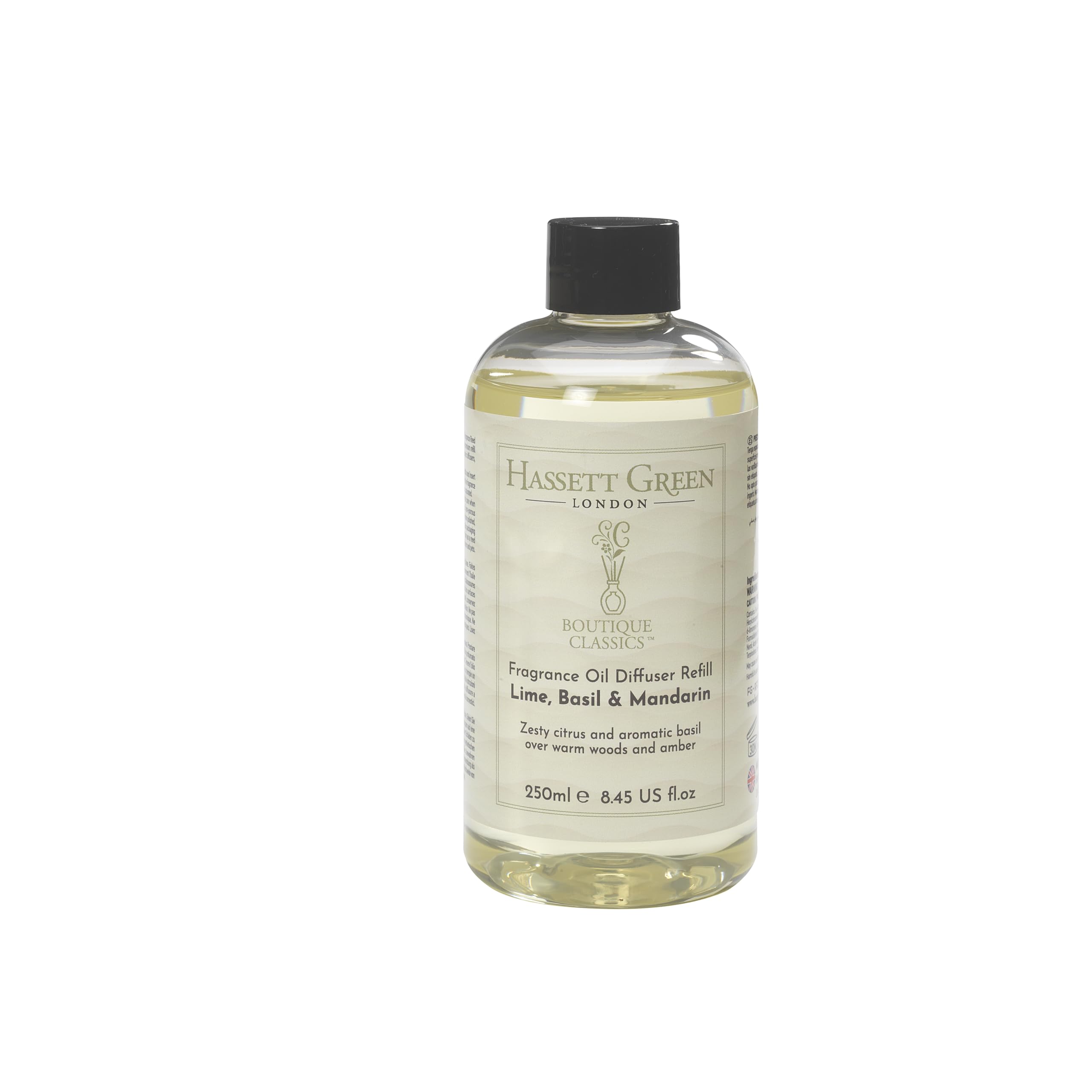 Hassett Green London Boutique Classics Lime Basil & Mandarin - Fragrance Oil Reed Diffuser Refill - Larger Size 250ml Bottle