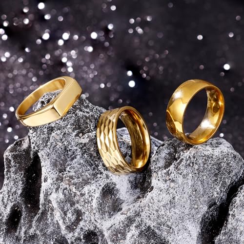 REVOLIA 3Pcs Stainless Steel Rings for Men 8MM Hammered Wedding Ring Set Square Signet Rings Pinky Silver Ring Simple Mens Band Rings Gold/Black/Silver Size 7-132