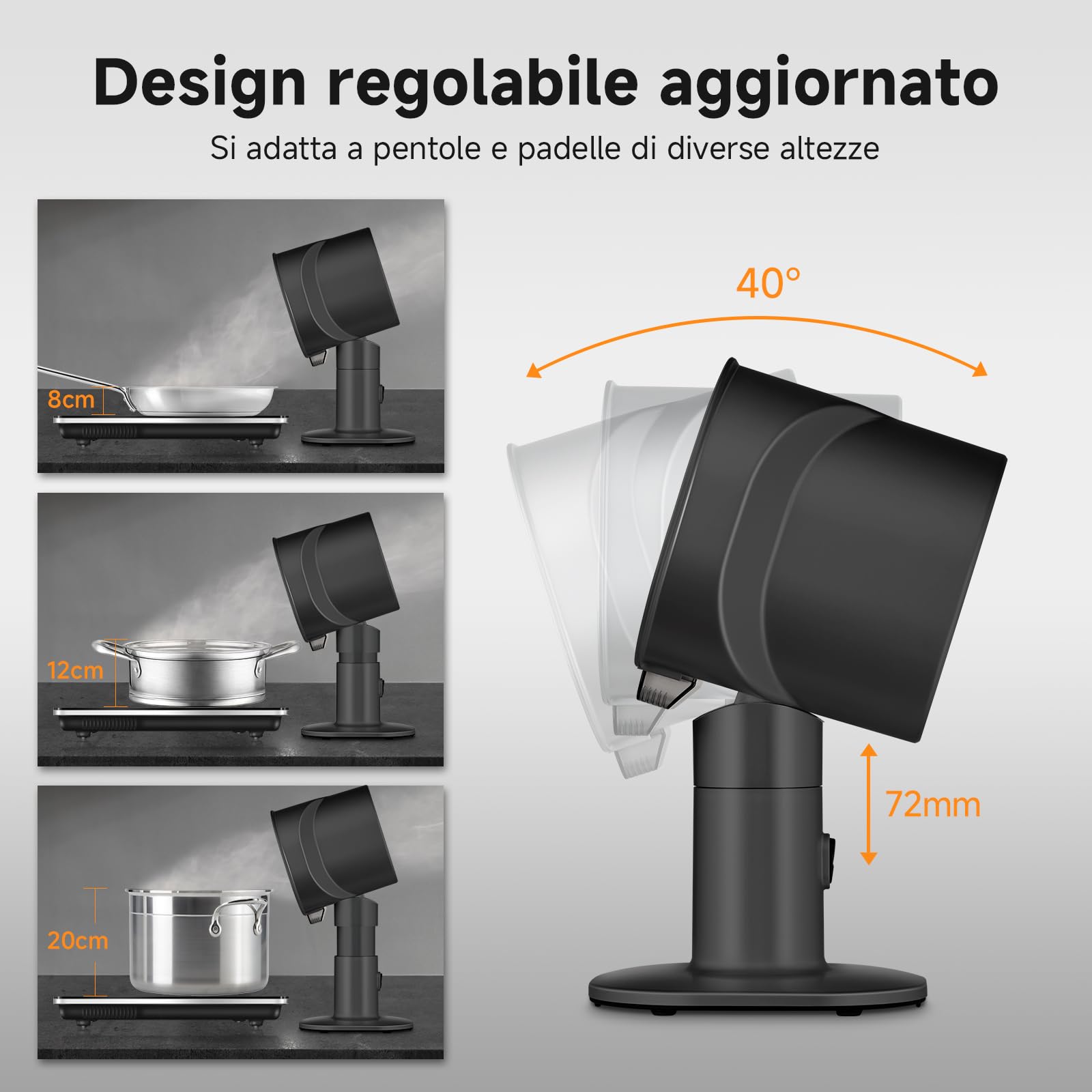 AMZCHEF Cappa aspirante portatile con altezza telescopica e inclinazione di 40°, 4 modalità di funzionamento, silenziosa, filtro in alluminio di grande calibro per appartamenti/BBQ/RV, Nero