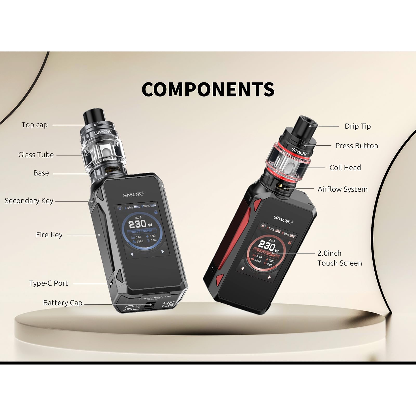 SMOK G-PRIV 4 Box Mod Vape Kit Akkuträger 5–230W TFV18 Mini 6,5 ml Grau | E-Zigarette mit 2,0-Zoll-Touchscreen IQ-M Chip breitem Feuertaster 6,5-ml-Verdampfer für DL Dual 18650 ohne Akkus Type-C 2,0A