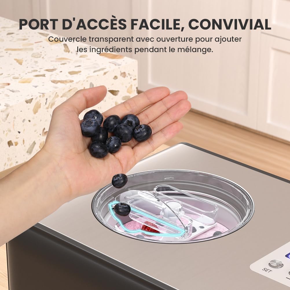 Sorbetiere Turbine a Glace avec Compresseur 2L, Sorbetière Electrique pas de Pré-congélation, Automatique Machine à Glace, pour Faire Sorbets/Crème Glacée/Gelato