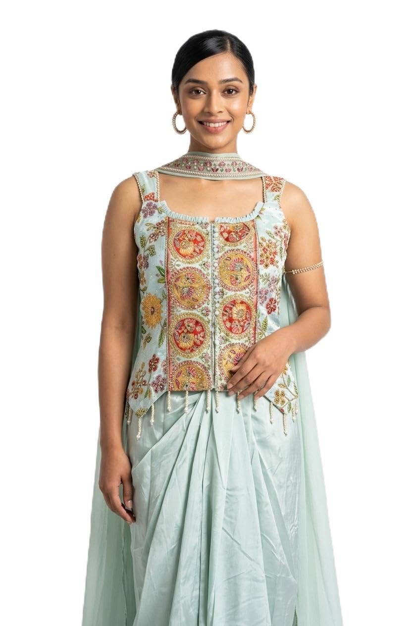 Mint Green Embroidered Corset Top with Draped Skirt Set-image-44