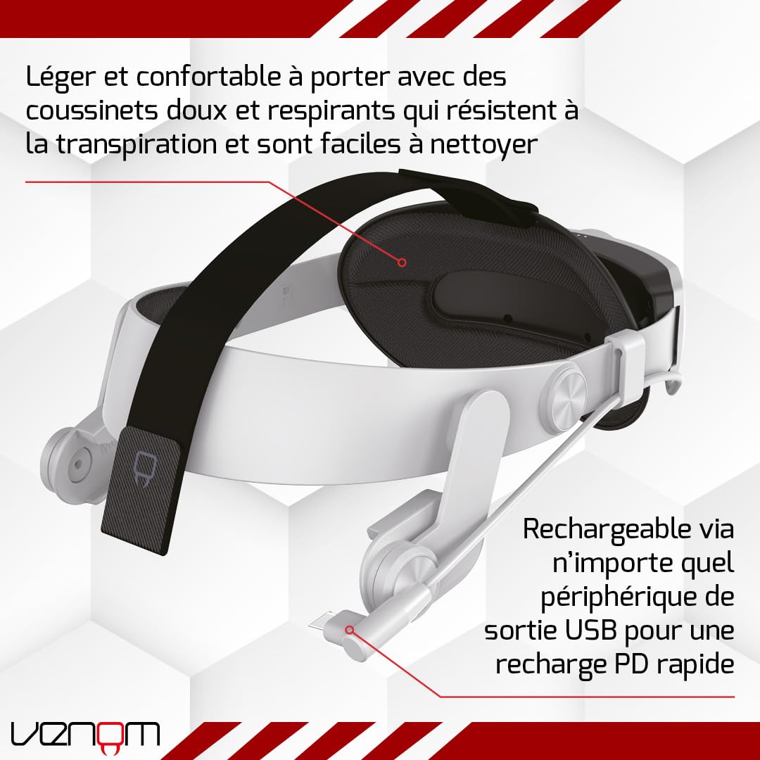 Venom Sangle d'alimentation pour Meta Quest - Bandeau rembourré avec batterie externe intégrée - Compatible avec Quest 2, Quest 3 et Quest 3S