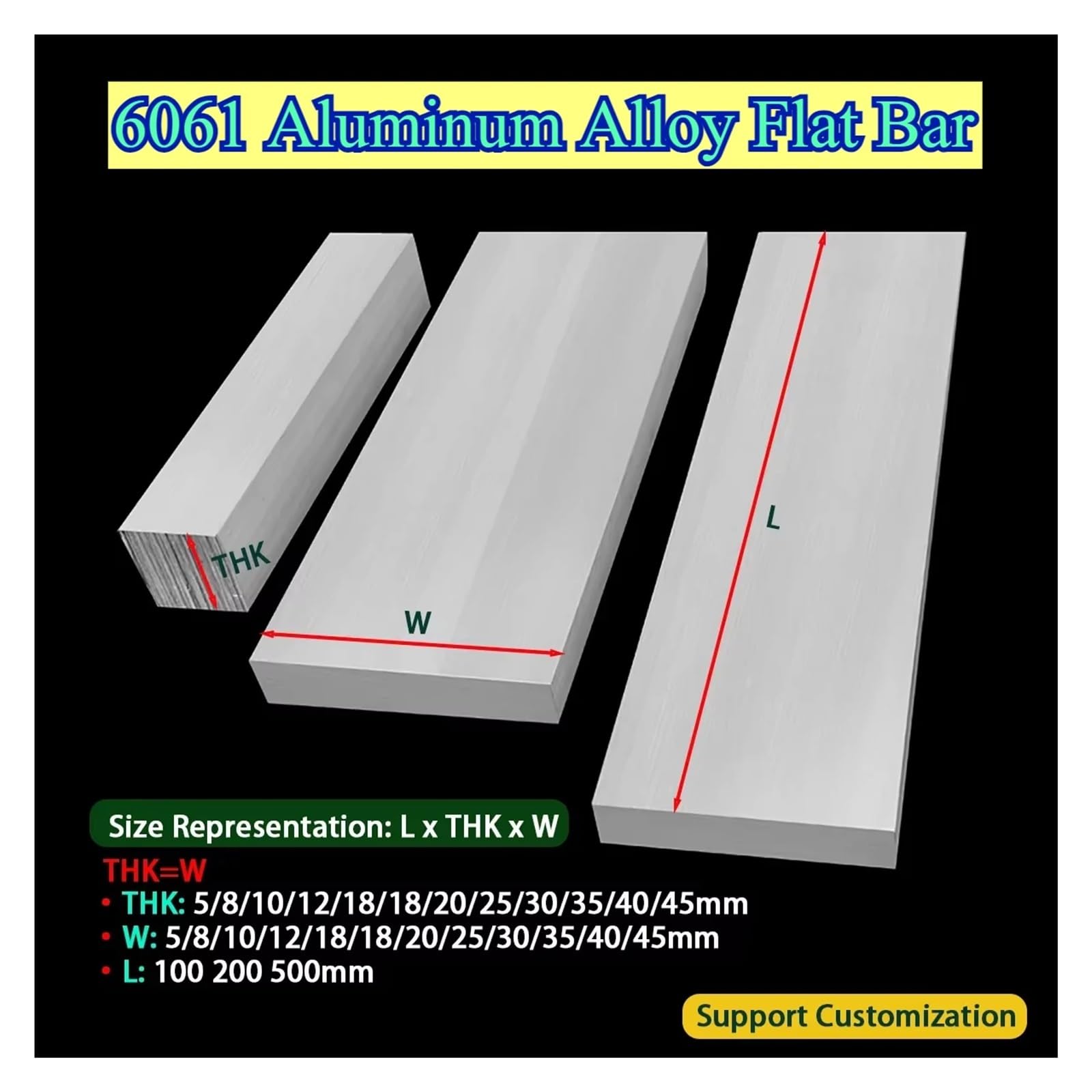 Tira Plana De Aluminio Barra plana de aleación aluminio/Barra rectangular/Modelismo bricolaje aluminio Diámetro 5/8/10/12/15/18/20/25/30/35/40/45 mm(500mm,12X12mm)
