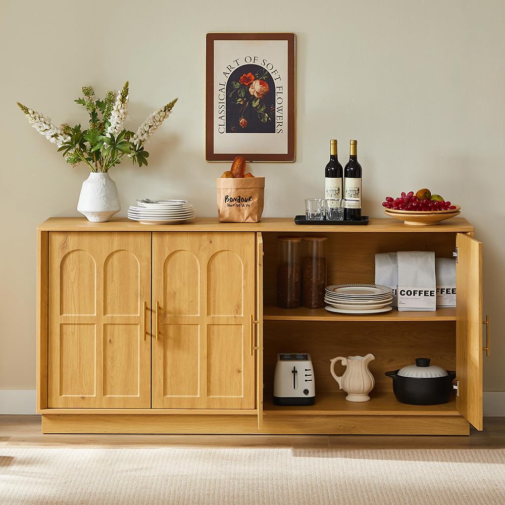 Sweiko Grande Buffet de Rangement, 169 × 40 × 80 cm, vitrine Moderne dotée de Portes incurvées, idéale pour Le Salon, la Cuisine, la Salle à Manger ou Le Couloir (Natural)