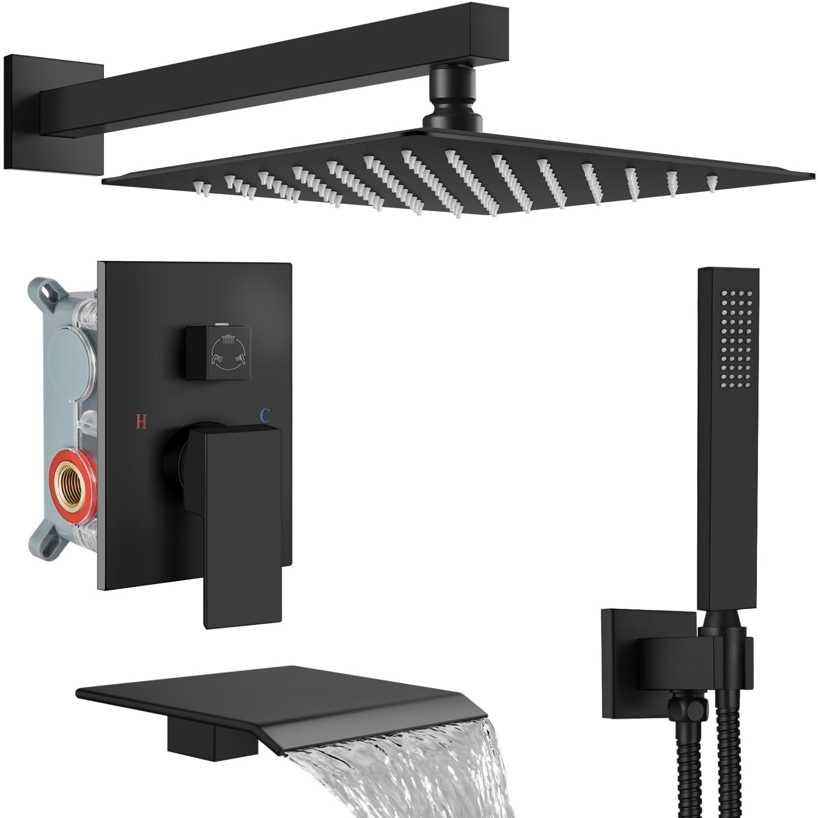 Sxithgkdw Matte Black Shower System With Tub Spout,Bathtub Shower Faucet Set With Square Rainfall Head And Handheld Sprayer Wall Mount Tub Faucet Set With Valve And Trim Kit,12 Inch