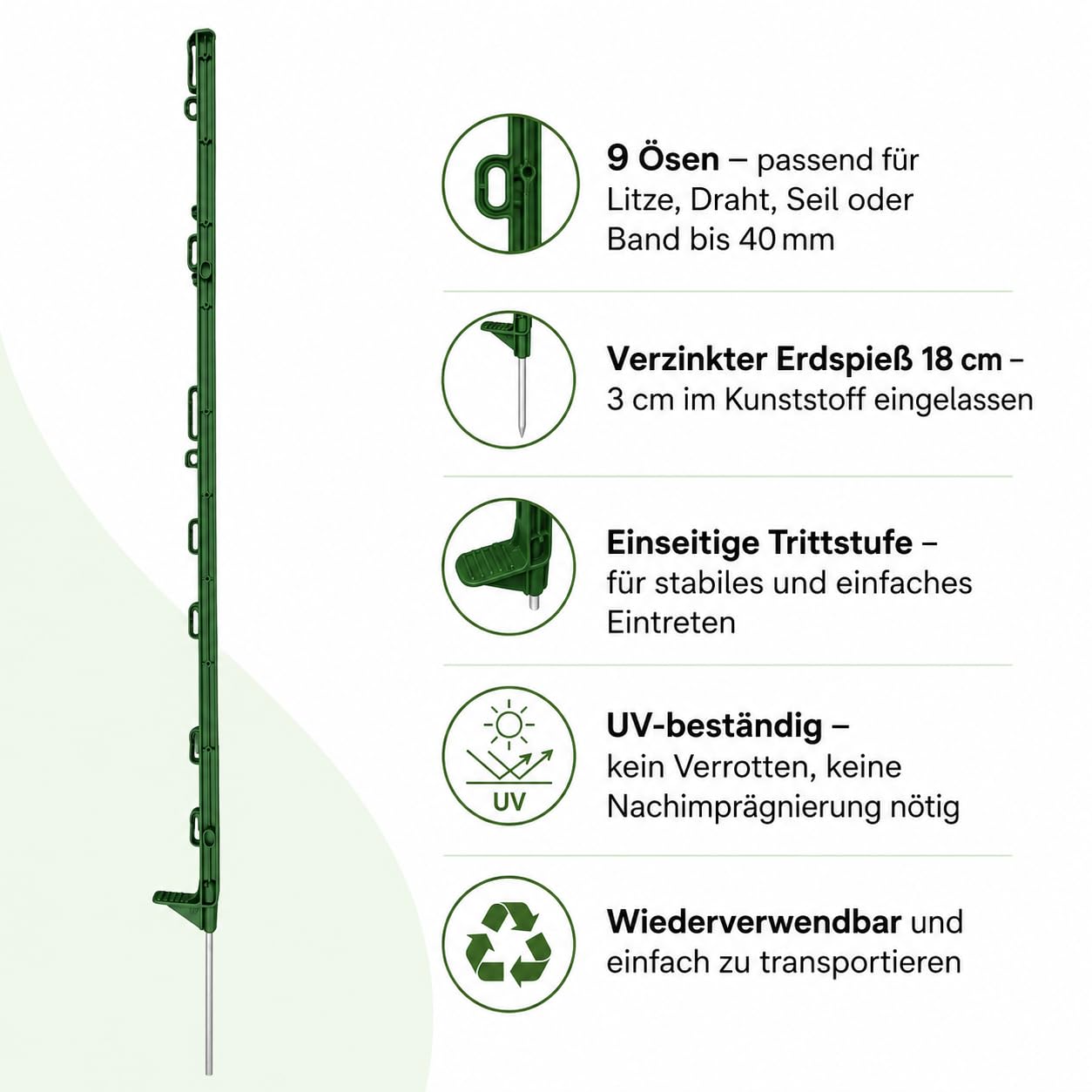 20x Weidezaunpfähle 105 cm – dunkelgrün, mit 9 Ösen, einseitiger Trittstufe und verzinktem Erdspieß