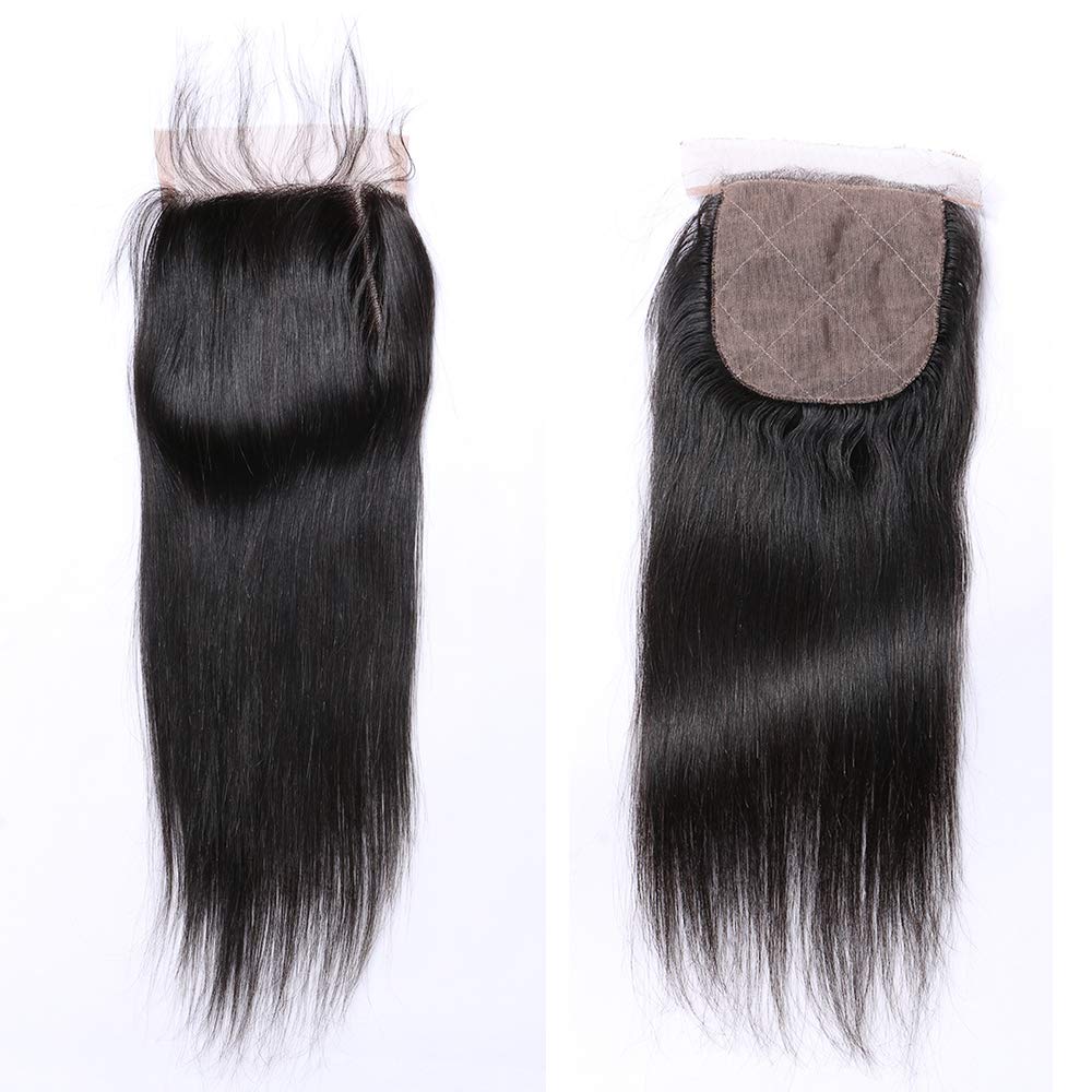 Silk Base Closure Brazilian Hair 4X4" Straight Hidden Knots Free Part Human Hair Silk Closure Natural Color 12"