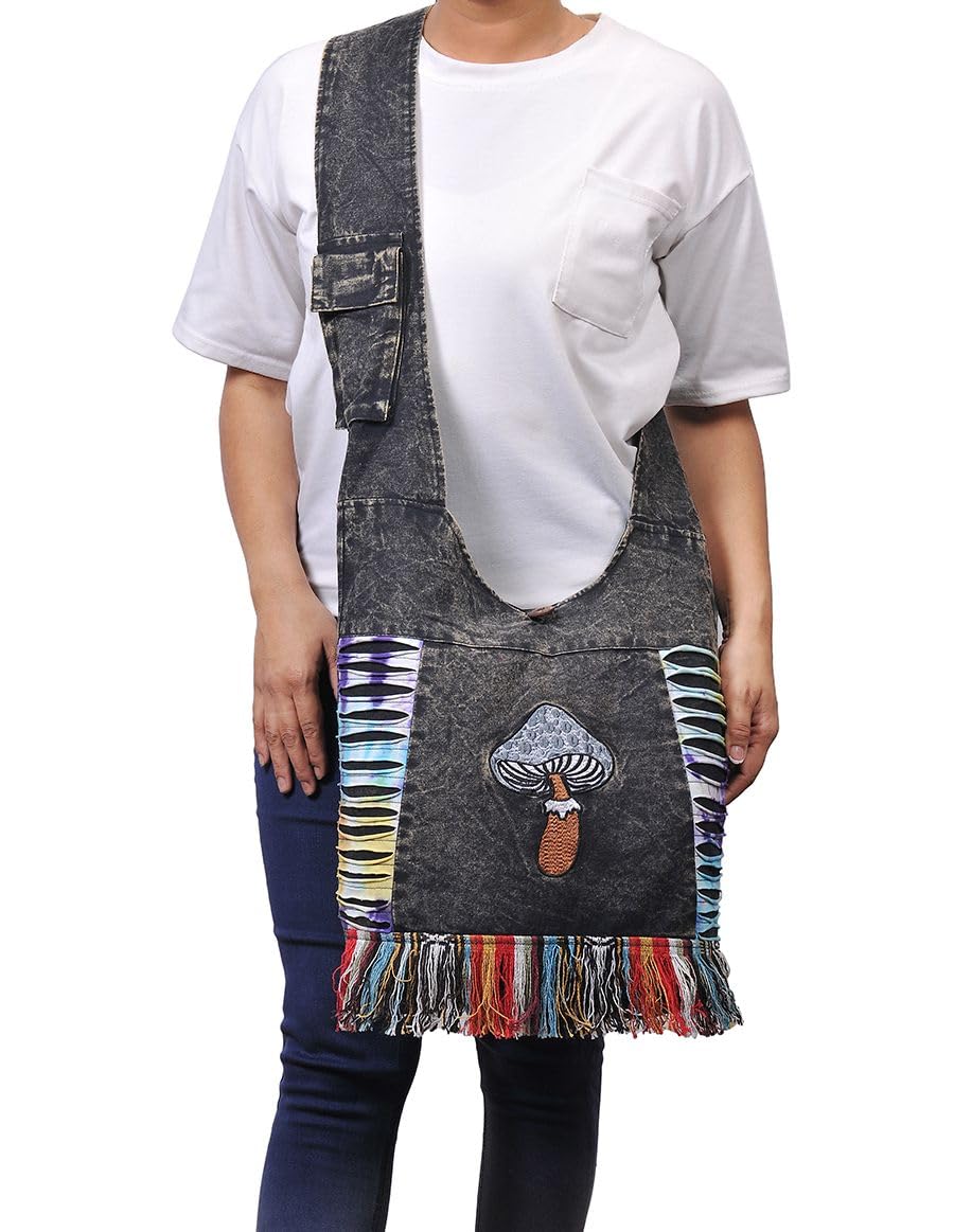 THE COLLECTION ROYAL Hobo Crossbody Bags for Women, Boho Purse, Boho Bag | Hippie Bag, Indie Tote Bag, Cloth Purse for Women (Blk-Mush)