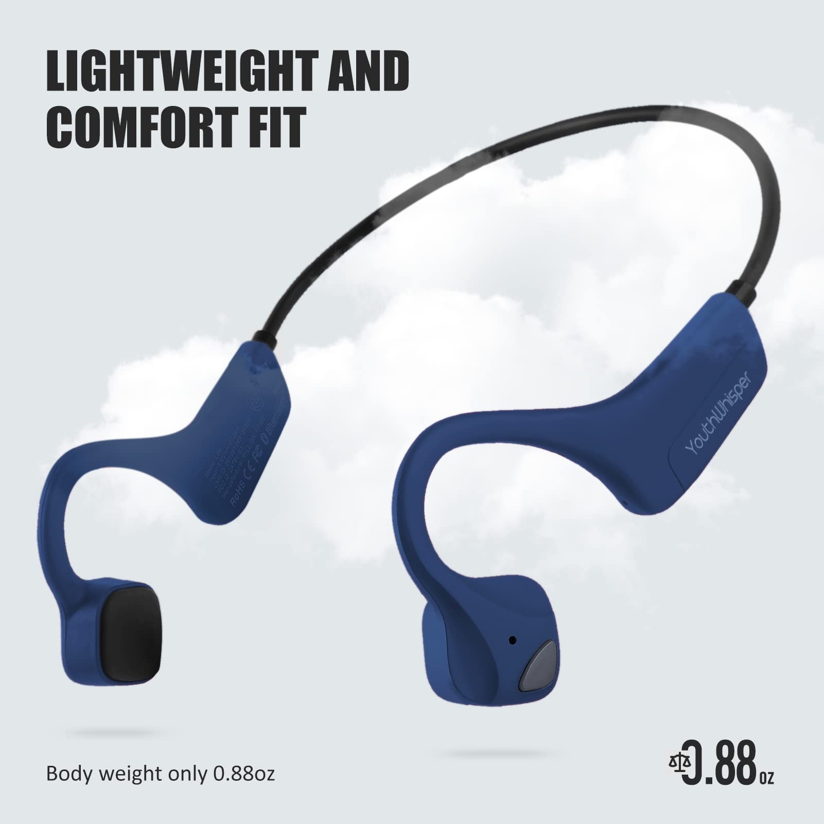 YouthWhisper Bone Conduction Headphones Bluetooth - Waterproof Open-Ear Wireless Headset, Sweat-Proof Earphones for Running Jogging Workout Audio Book…