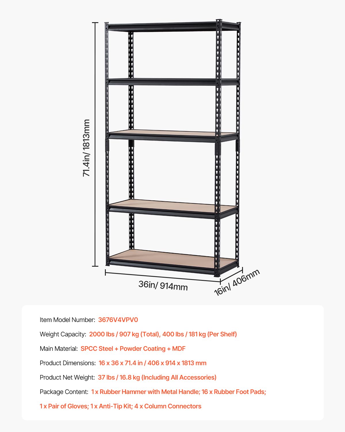 VEVOR Steckregal, 907 kg, 5-stufiges Garagen-Lagerregal, 406x914x1813 mm, Schwerlastregal, Werkstattregal, Metallregale für Garagenregale, Allzweckregal, ideal für Küche, Lager, Keller, schwarz