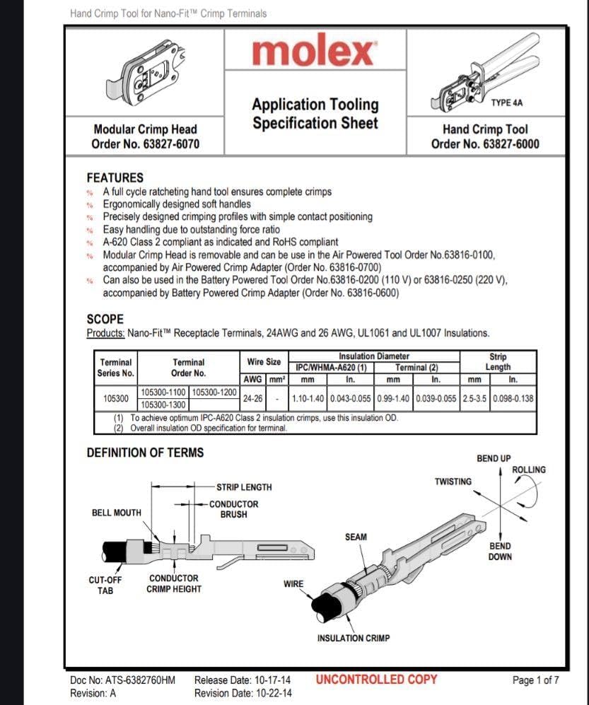 圧着工具 MOLEX モレックス 型番 63827-6070 63816 57036-5000,手動