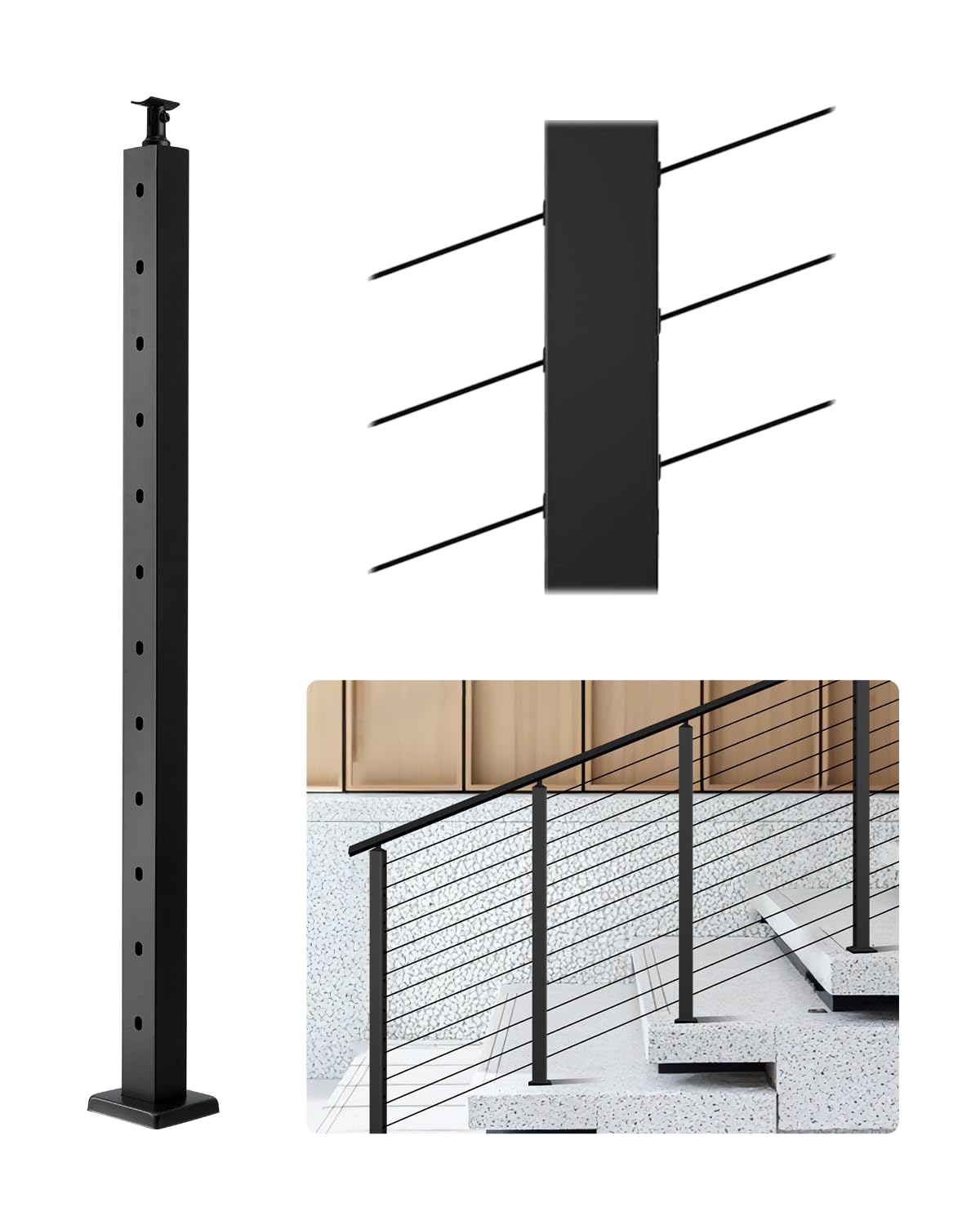 vevor stair cable railing post, 12 30° pre-drilled holes, 42x2x2 inches stainless steel cable railing system kit for indoor outdoor deck balcony, 1 pack, black, product id 1jzlgzxhs106w3xaa001v0