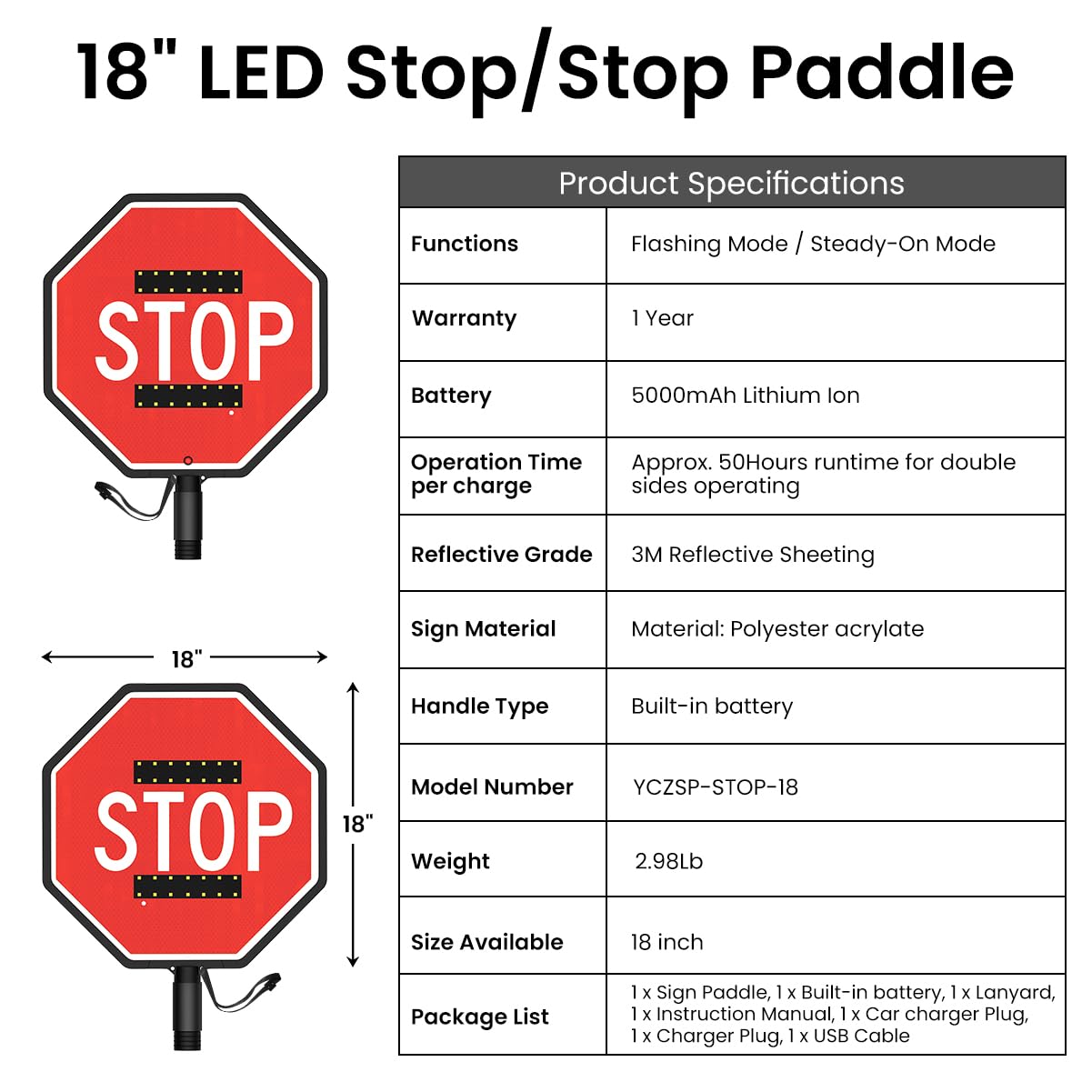 Paleta de parada de mano de 18 pulgadas con batería integrada, 3 modos de señal LED reflectante de control de tráfico para construcción, cruces escolares, alta visibilidad, portátil, película