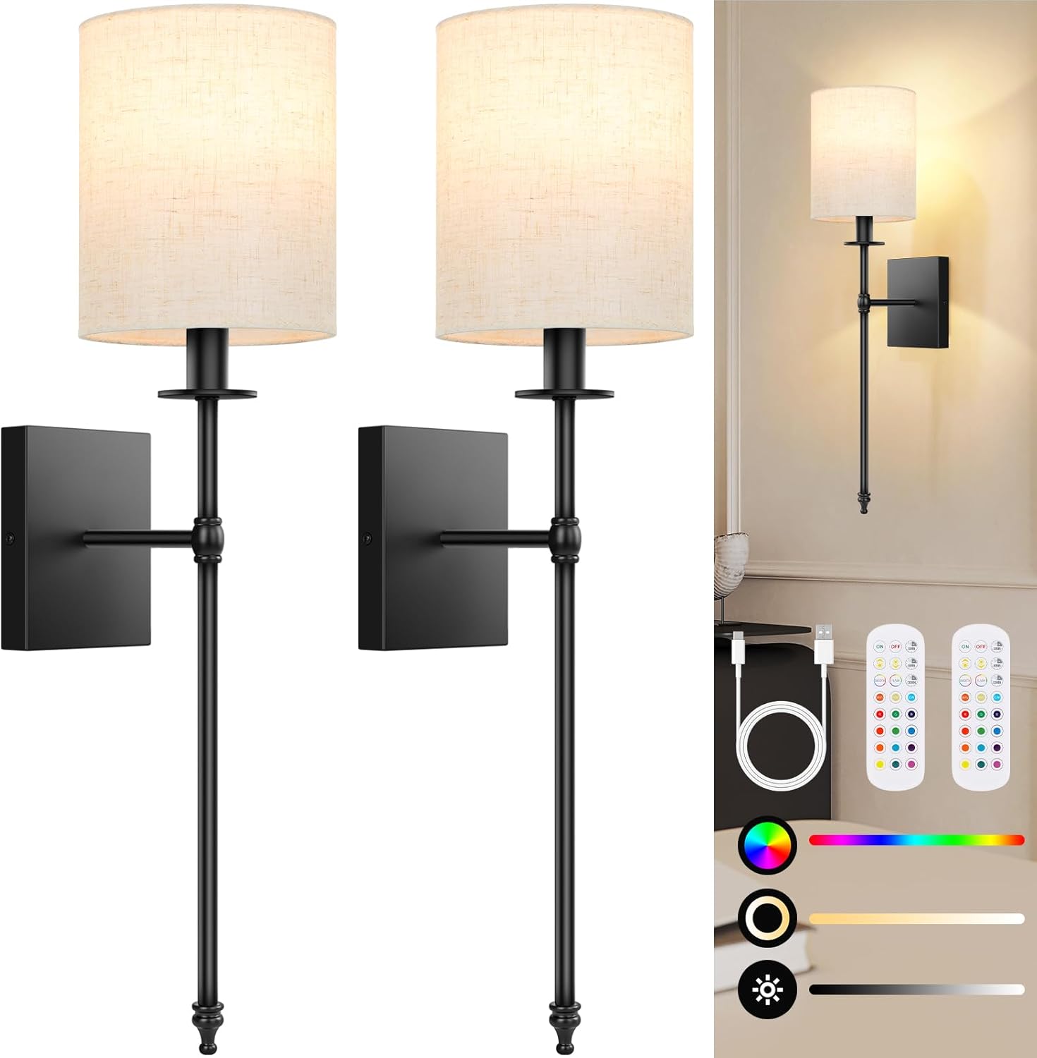 27 inch Battery Operated Wall Sconces Set of 2 with Remote, Rechargeable Wireless Wall Lights with Beige Fabric Shade, Indoor Not Hardwired Dimmable for Bedroom Living Room Decor 27 inch Flax and Black