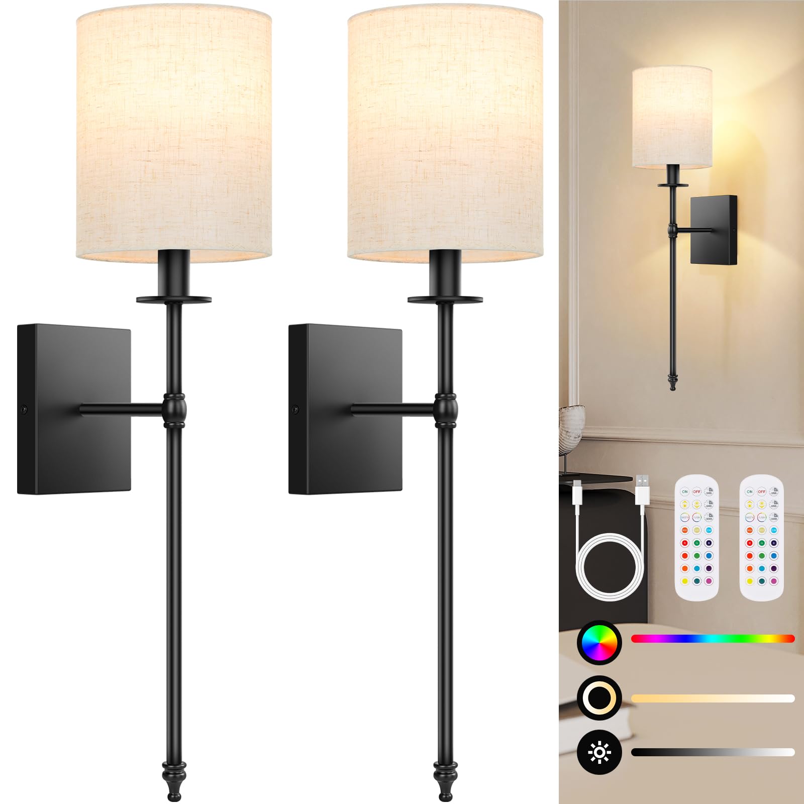 27 inch Battery Operated Wall Sconces Set of 2 with Remote, Rechargeable Wireless Wall Lights with Beige Fabric Shade, Indoor Not Hardwired Dimmable for Bedroom Living Room Decor
