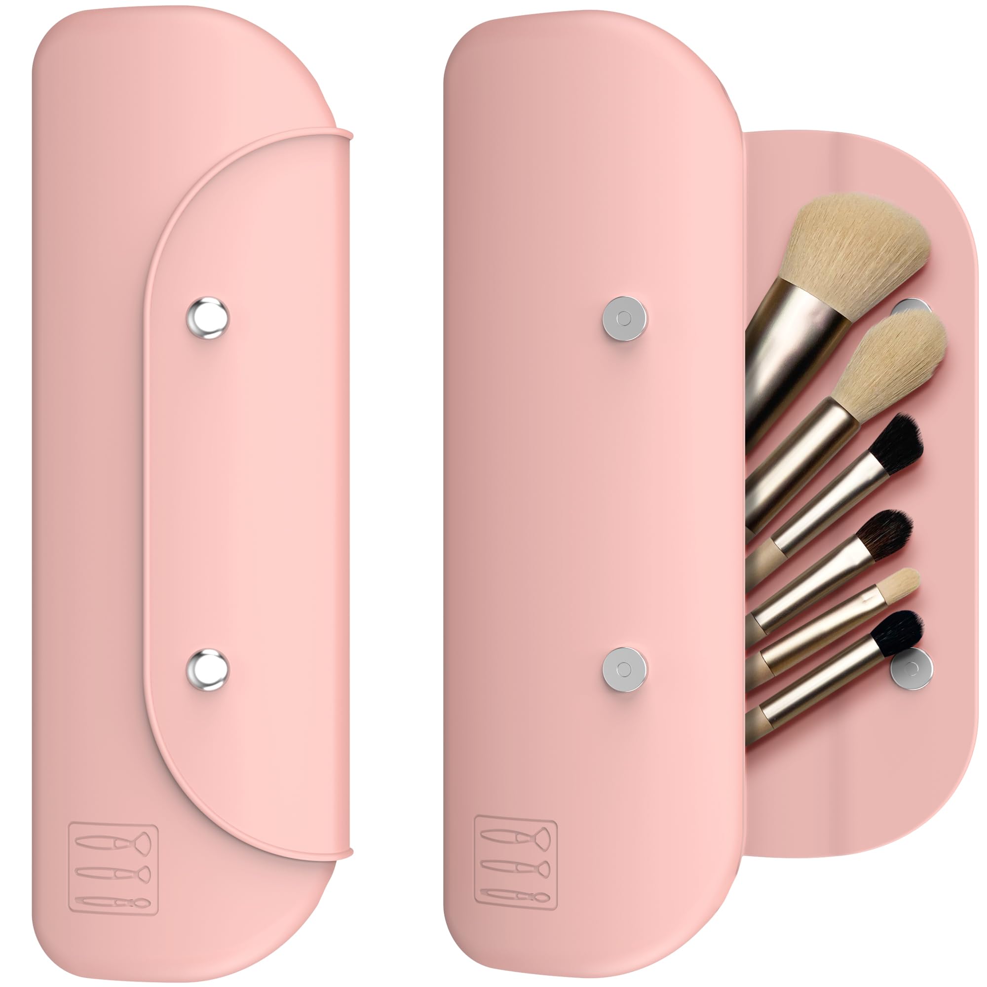 Silicone Makeup Brush Holder Travel Cosmetic Bag，Toiletry Organizer，Portable Cosmetic Organiser with Two Upgraded Anti-fall Off Magnetic Clips-Pink