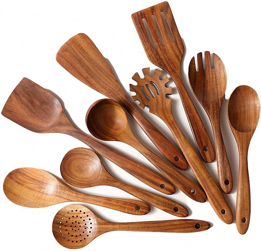 Acacia Wooden Kitchen Spoons & Spatulas 5 to 10 PCS for Your Cooking Needs Non-Stick Heat-Resistant Scald-Proof Cooking Utensils Set with Anti-Slip Handles