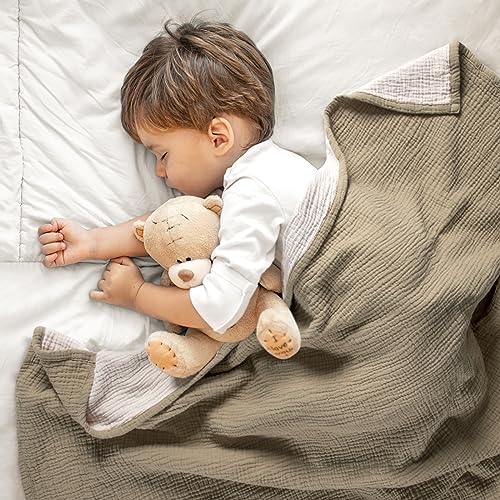 Image of lulumoon Muslin Baby Blanket Neutral: Cotton Toddler Blanket for Daycare | Soft Reversible Crib Bedding for Baby - Lightweight 4-Layer Muslin for Stroller, Tummy Time & Travel, 47 inchx47 inch(Olive)