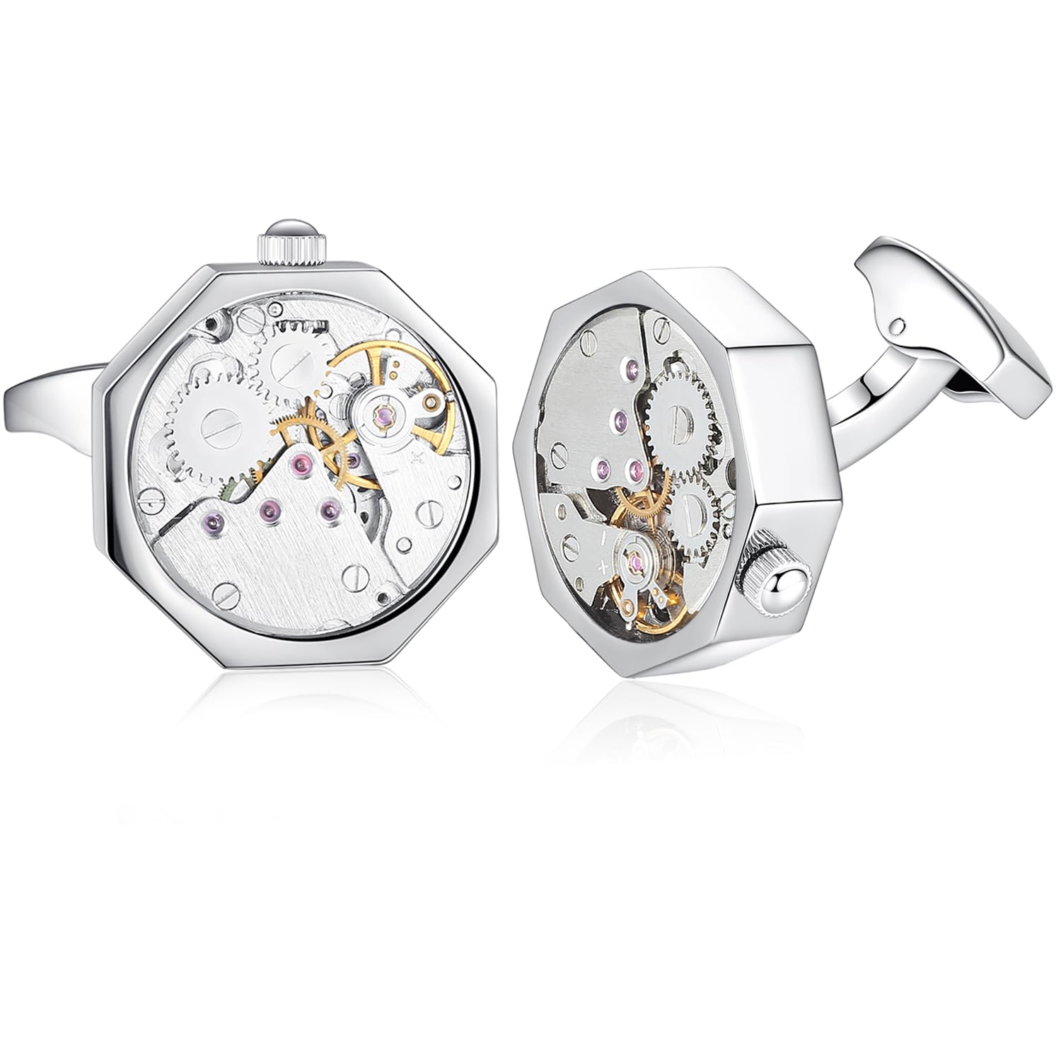 Honey Bear Gemelli Movimento Dell'orologio Steampunk Per Uomo Camicia, Ottagono acciaio per regalo di nozze affari con scatola (Argento)