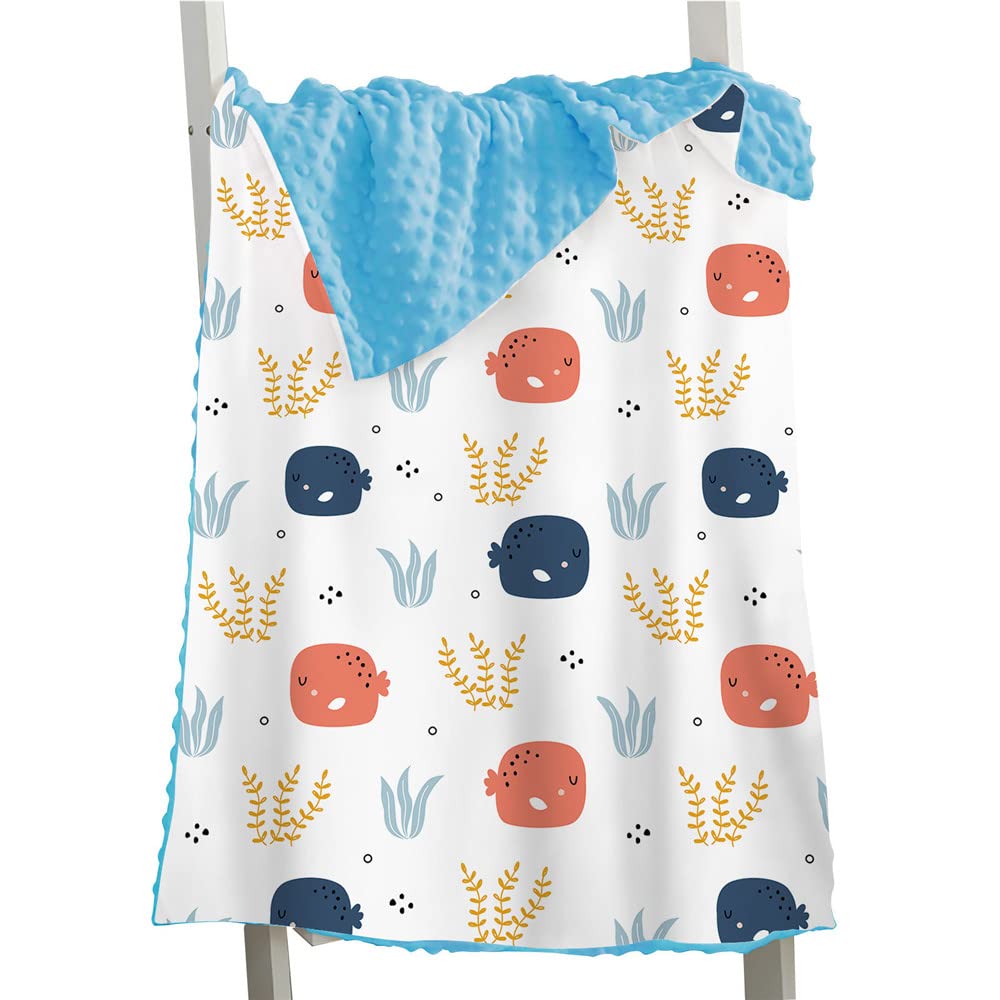 Hixingo Comfort Blanket for Kids Baby, Animal Printed Double Layer Throw, Sensory Soft Minky Dot Reverse Side Plush, Blanket Bedding for Children Boys Girls (small fish 1,150x110cm)