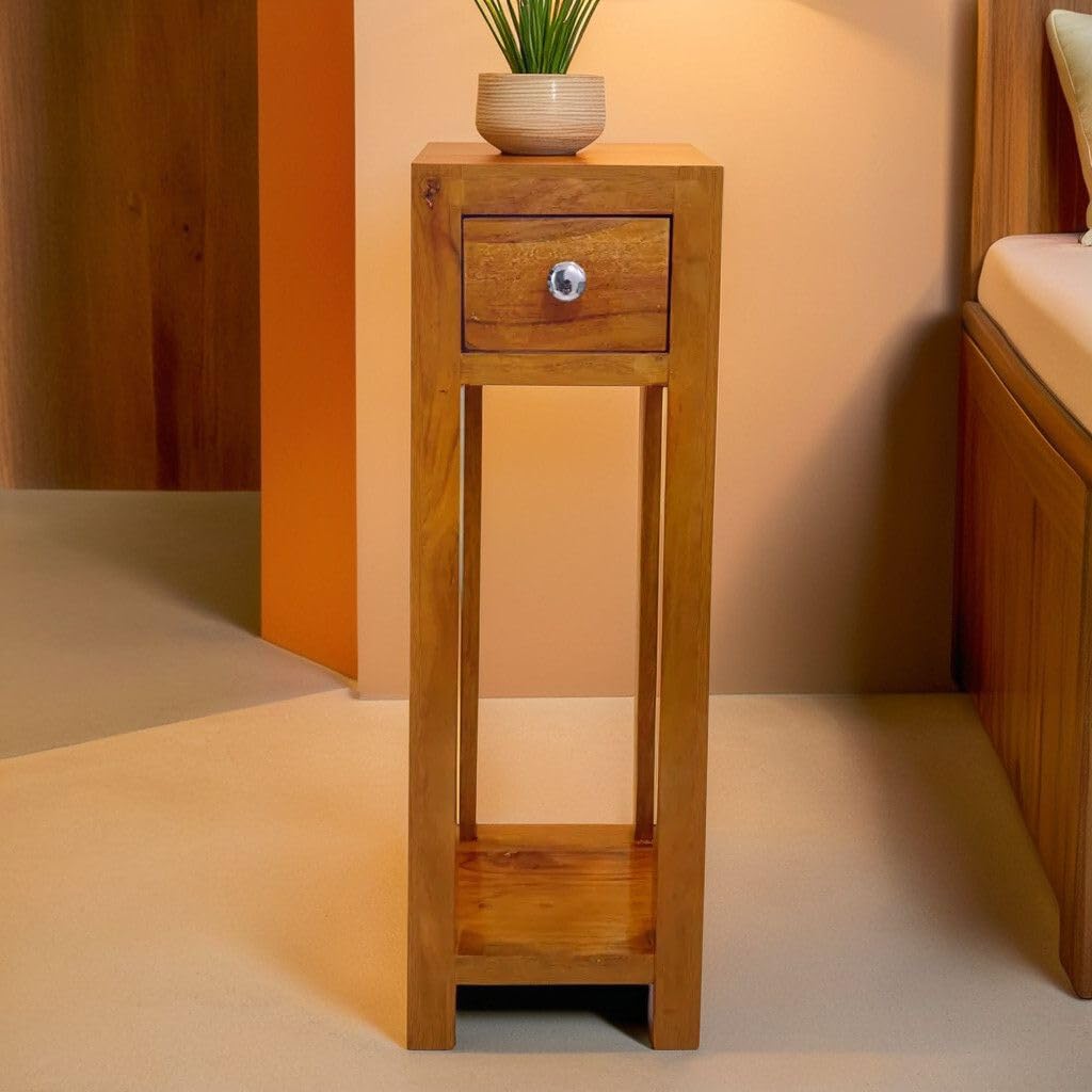 Solid Sheesham Wood Bedside Table with Storage & Without Storage| Wooden Side End Tables Night Stand for Home Living Room Bedroom- Honey Teak-image-30