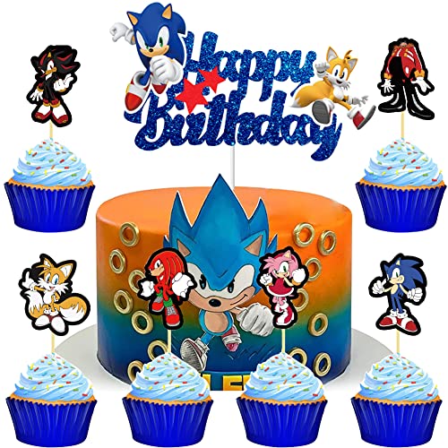MEZHEN Tortendeko für Sonic Kuchen Deko Geburtstag Cake Topper Kindergeburtstag Torte Deko Happy Birthday Cupcake Topper Hedgehog Kuchendeko Geburtstagsdeko 25 Stück Cover