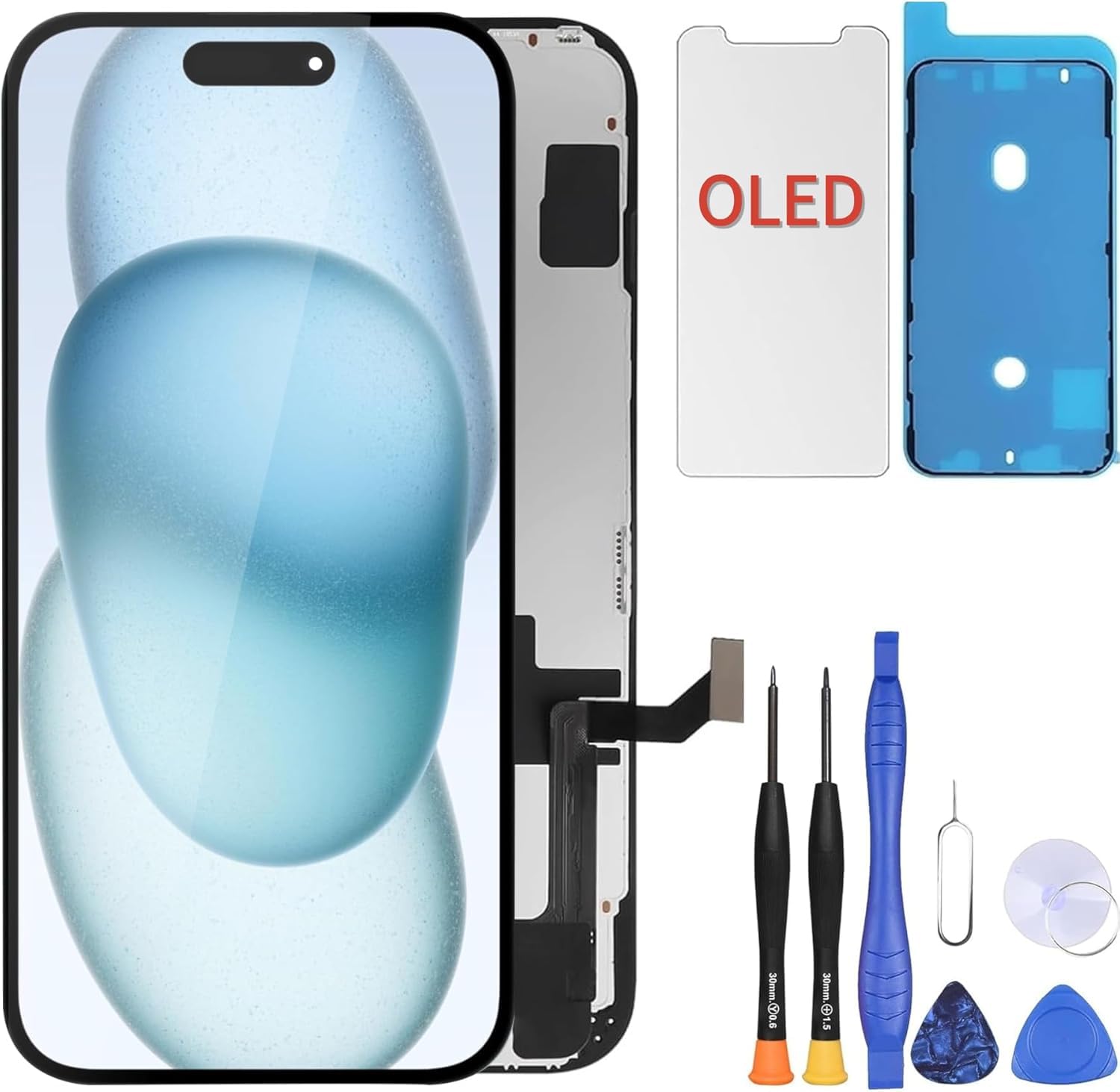 ZOETEC Flexibler OLED-Bildschirm-Ersatz für iPhone 15 (NICHT LCD) 6,1'' Full HD Display COF Touchscreen Digitizer Rahmen-Baugruppe mit Reparatur-Werkzeug-Sets, wasserdichter Klebstoff, gehärtetes Glas