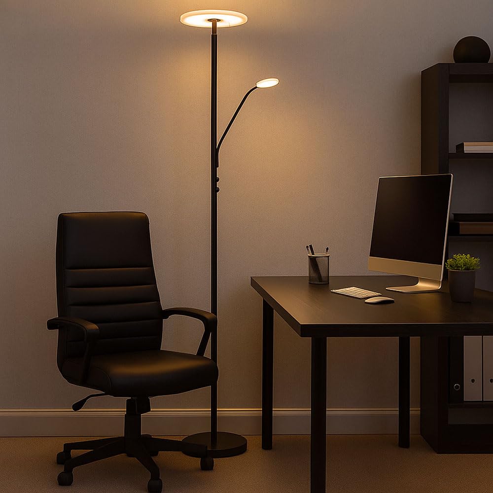 LED Stehlampe dimmbar Deckenfluter mit flexibler Leselampe Stehleuchte schwarz, Metall Acryl, 28W 2100lm warmweiß, DxH 30 x 180 cm