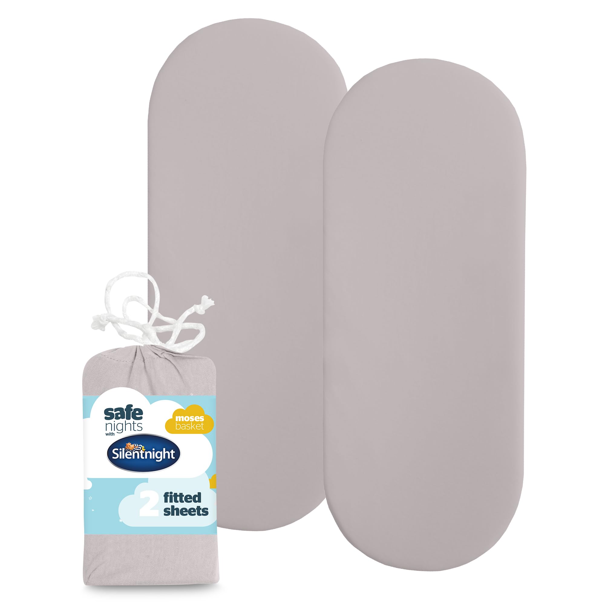 Silentnight Safe Nights 2 X Pack 100% Cotton Moses Basket Fitted Sheets - 74Cm X 28Cm (Grey)