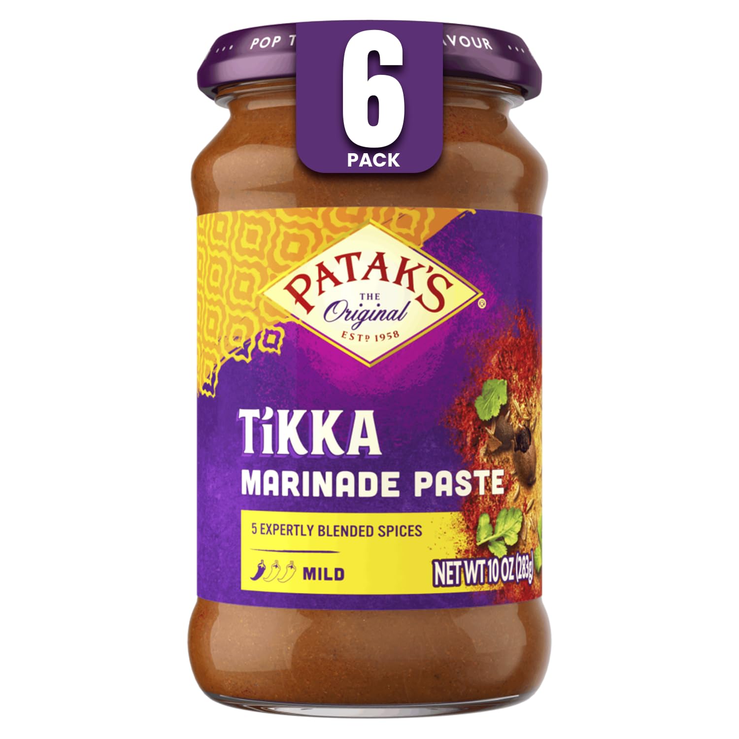 Patak's Tikka Marinade Paste, Mild Indian Tikka Paste with 5 Expertly Blended Indian Spices, Gluten-Free & Vegan, Flavorful Chicken Marinade for Grilling, Roasting & Pan Cooking, 10 oz Jar, 6-Pack