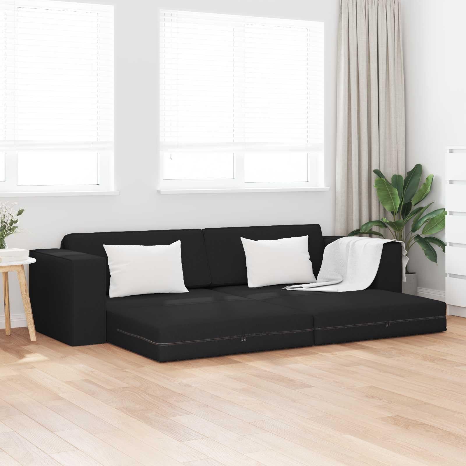 Sofa do spania czarna z materiału 245 x 78 x 77 cm z funkcją spania i stabilną metalową ramą, wygodna tapicerka, składana, idealna do salonu, biura i pokoju gościnnego