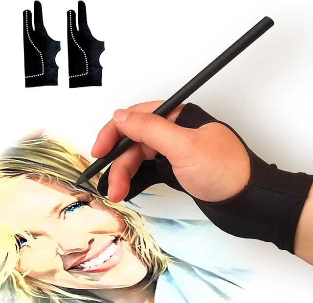picoggo Artist Glove, 3-Layer Palm Rejection Digital Art Glove for Graphic Tablet, Drawing Glove with Two Fingers for iPad, Paper Sketching, Smudge Guard (2 PCS,Small)
