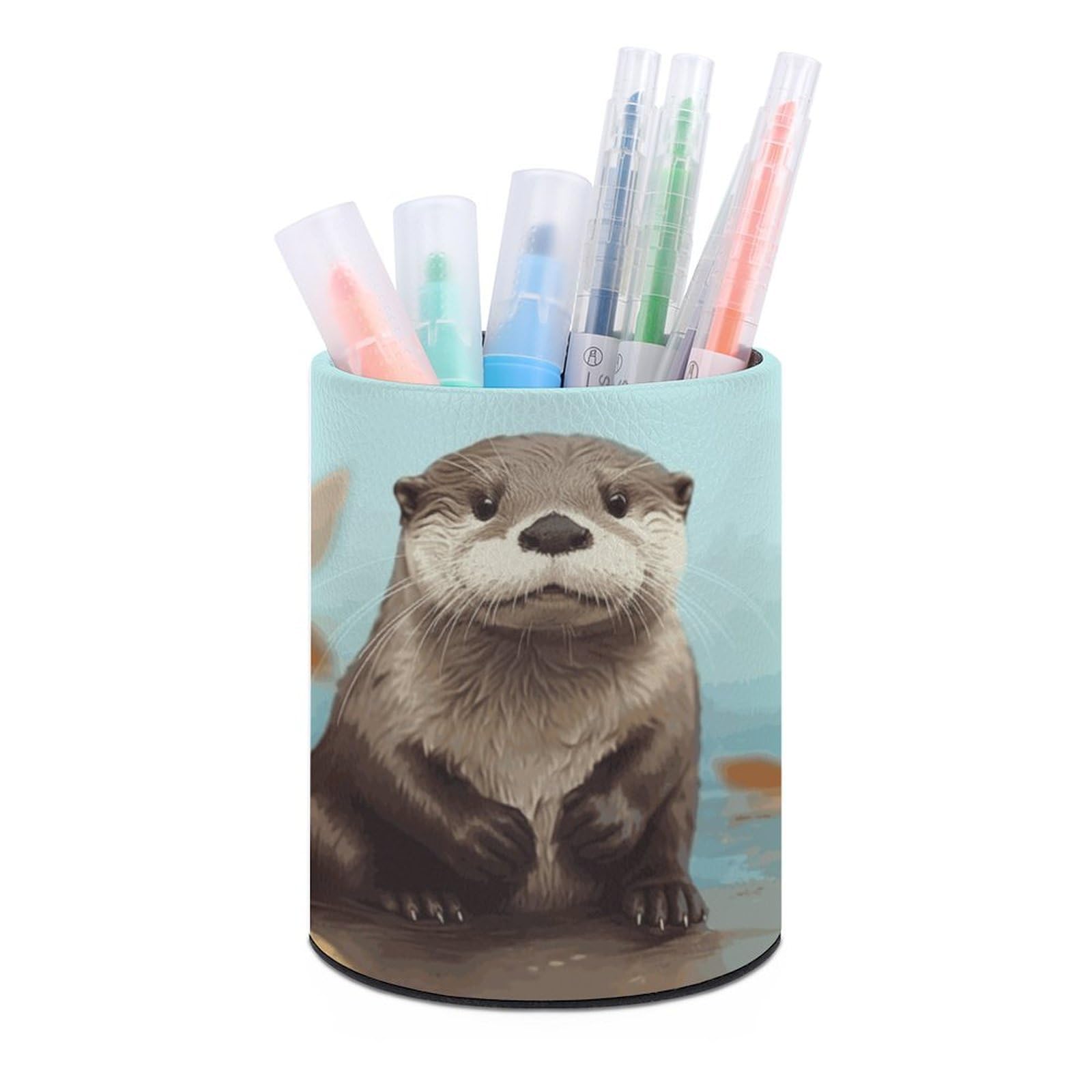 DWVTSLH Aesthetic Pen Holder for Desk - Modern Leather Pencil Holder - Stylish Round Makeup Brush Holder - Cute Otter Pen Cup Cute And Functional Desk Organizer for Office Supplies