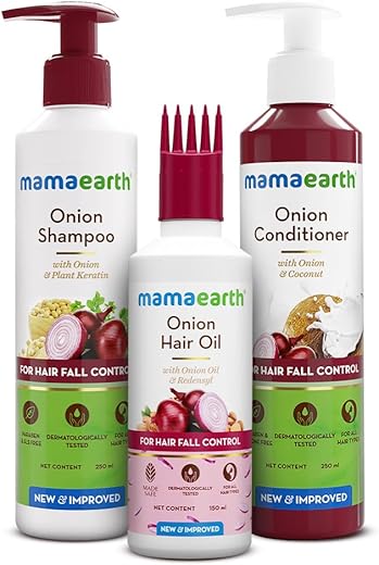 Mamaearth Anti Hair Fall Spa Range Hair Care Set: Onion Shampoo 250 ml + Onion Conditioner 250 ml + Onion Hair Oil 150 ml