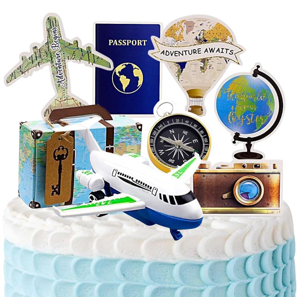 YGCHEN 14-Piece Travel Cake Decoration Set - Mini Plane, Suitcase Gift Box, Cupcake Toppers - Adventure, Graduation, Birthday Parties - Pastel/Neutral Multicolored