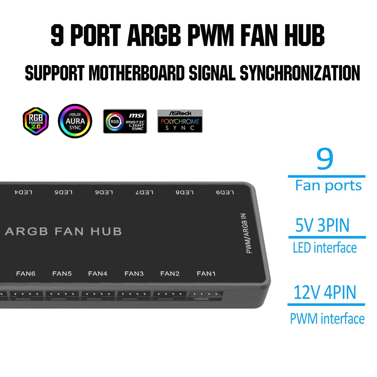 ARGB PWM - Hub de ventilador direccionable de 5 V-3 pines ARGB 12 V 4 pines PWM 2 en 1 RGB Hub de ventilador SATA entrada de alimentación, 9 puertos de ventilador y 9 puertos LED, hub de ventilador de