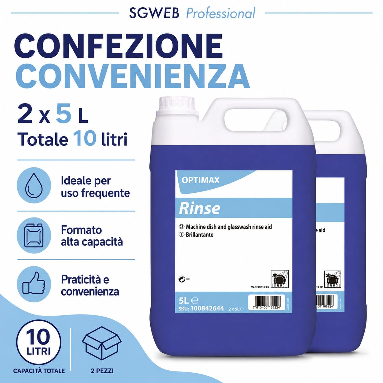 Brillantante Lavastoviglie Professionale 2 x 5L, Additivo Liquido per Risciacquo Stoviglie, Bicchieri e Posate, Asciugatura Rapida, Meno Aloni e Brillantezza Professionale