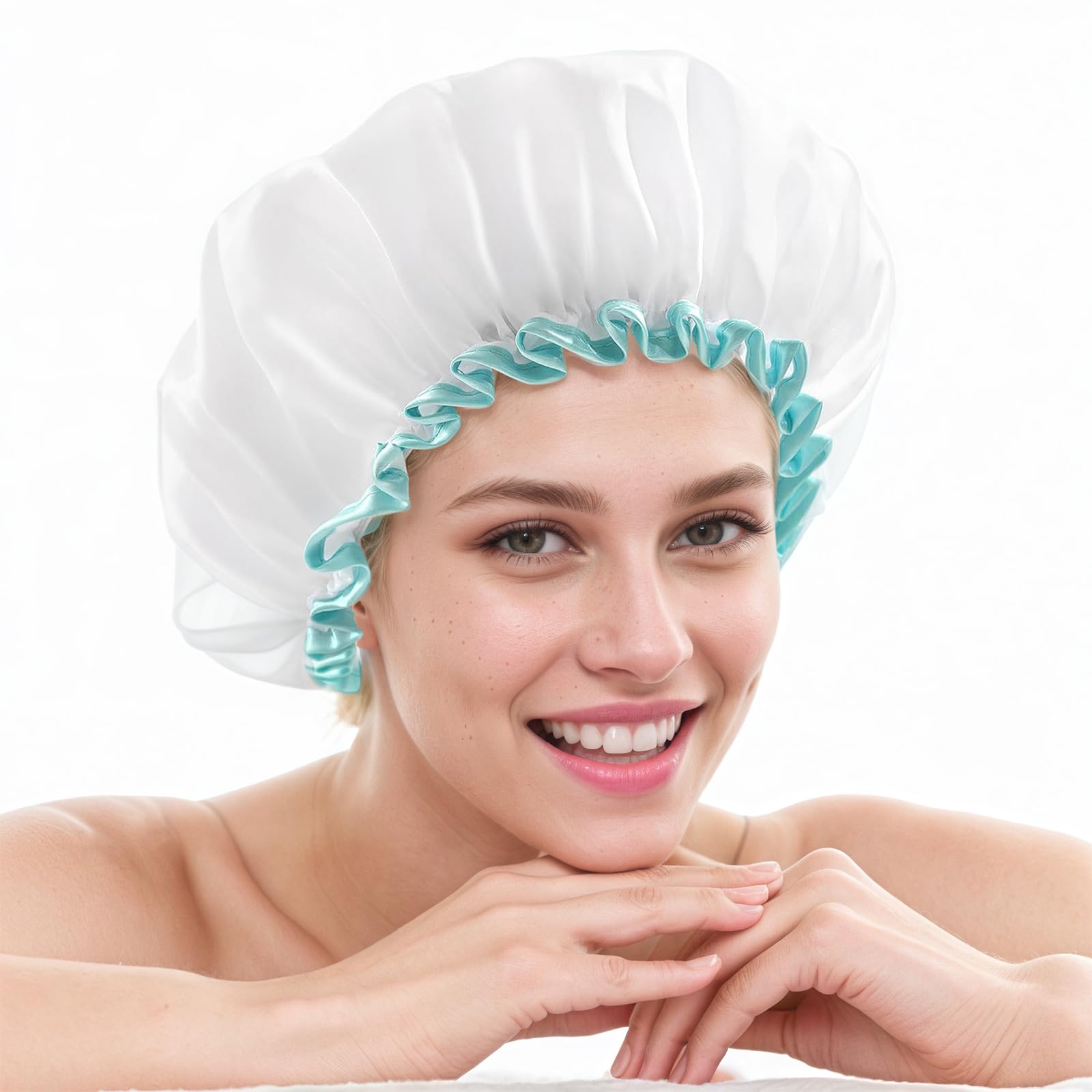 MUNSKT 2 PCS White Shower Cap for Women,Reusable Shower Cap for Women,Medium Double-layered Washable Bath Caps,for Girls Spa Home Salon Use