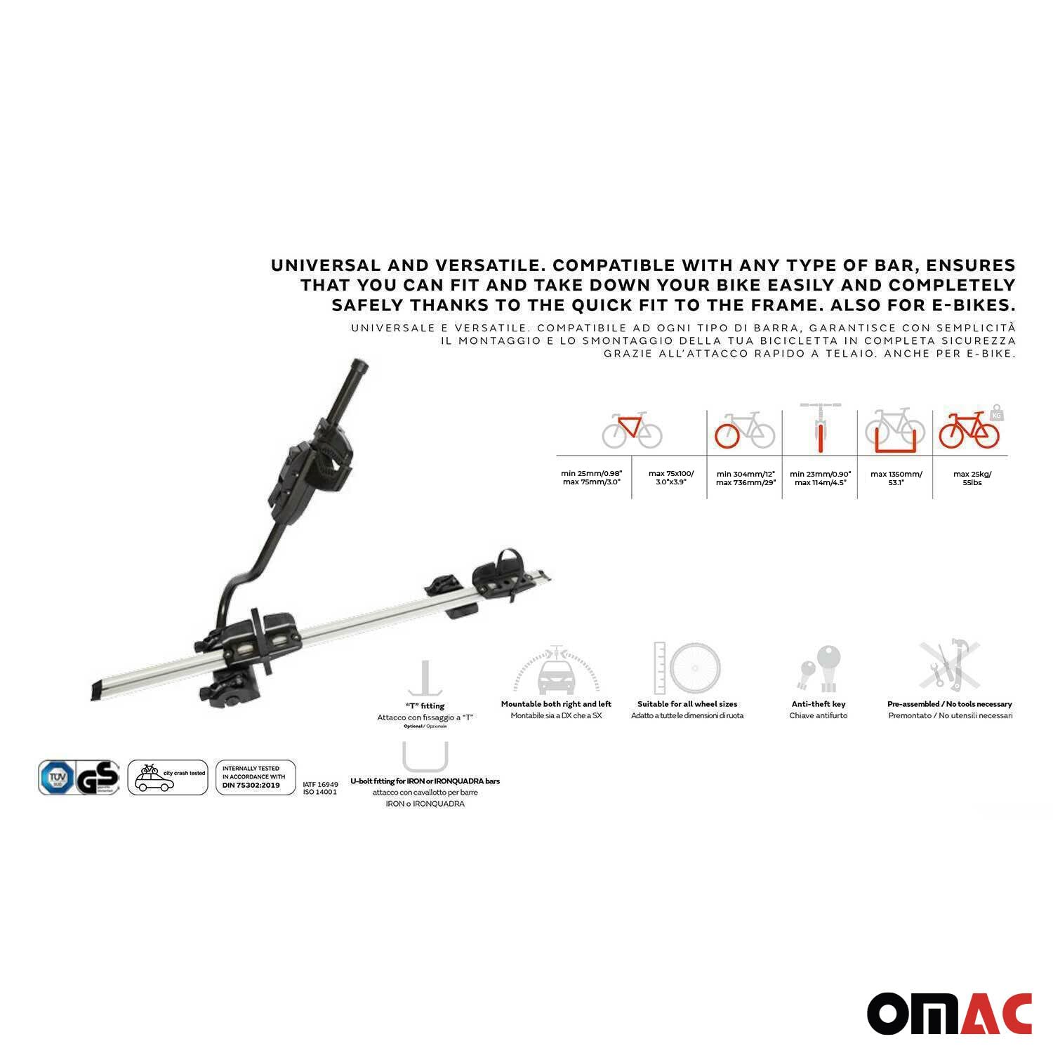 Farad P-Style - Portabici da tetto per auto, fino a 25 kg, in acciaio certificato ABE, universale per tetto, portabici con serratura, set da 2