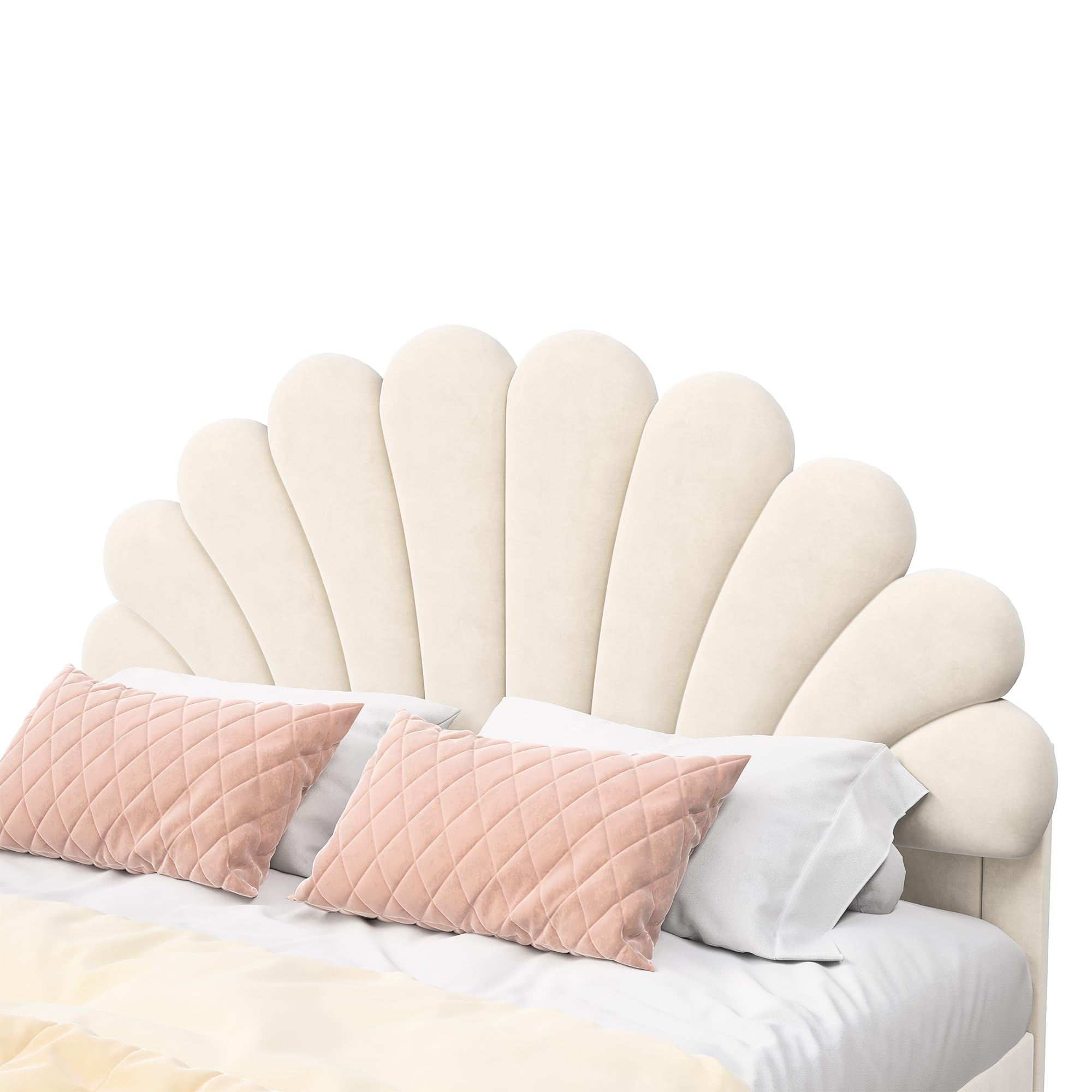 Lit Enfant Rembourré 140x200 cm,Lit Double Fille avec Tête de lit en Forme de Coquillage,Cadre de Lits avec Sommier à Lattes pour Enfants & Adultes, Velours, Beige, sans Matelas