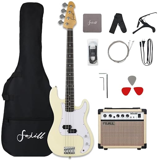 Fojill Full Size 4 Four String Electric Bass Guitar 20W Amplifier Amp Right Hand Beginner Starter Kit Set Combo Bundle Accessory Gig Bag,Strap,Picks,Capo,Noiselss Cable,Strings (Cream)