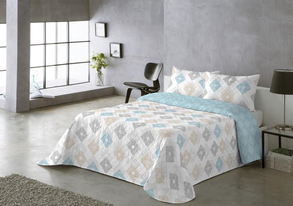 BOHEME | Colcha Estampada Reversible Rombos Azul para Cama de 135 | Ligera, Transpirable y de Secado Rápido | 235x270 cm | Ideal para Entretiempo